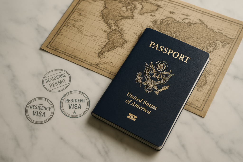 U.S. passport on a vintage world map next to visa and residency permit stamps, symbolizing international travel and residency planning.