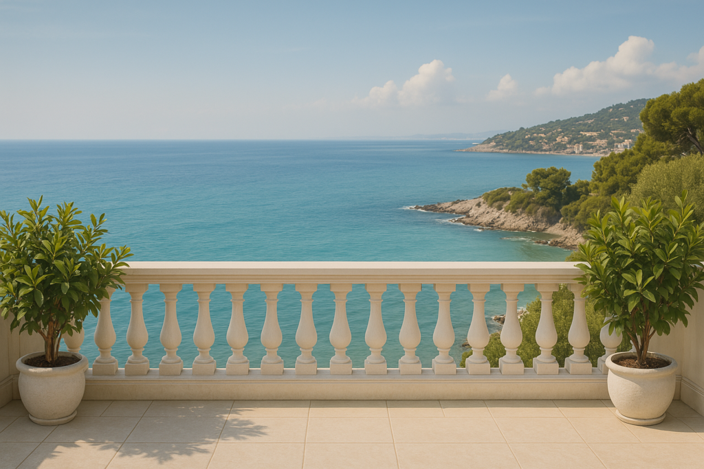 Balcony view at Mediterrenean ocean Luxury Mediterranean terrace overlooking a turquoise coastline, framed by white balustrades and potted plants, with clear skies and a hillside town in the distance.