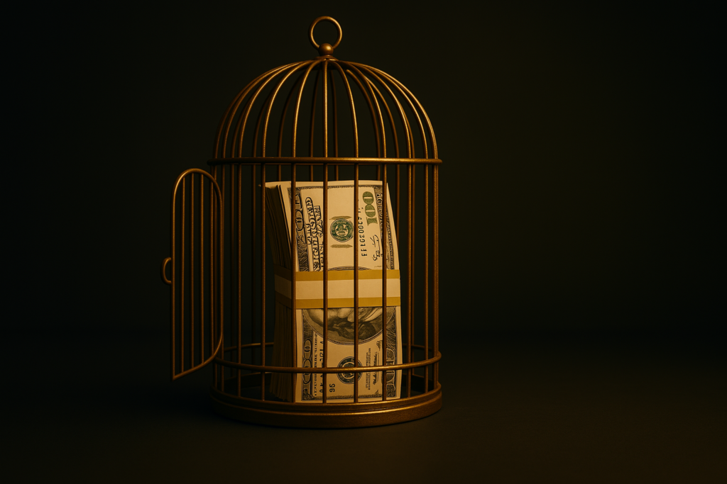 Cage with trapped dollar bills symbolizing exit tax Stack of U.S. dollars trapped inside a gold birdcage with the door ajar, symbolizing the financial restrictions and hidden costs of exit taxes when changing tax residency
