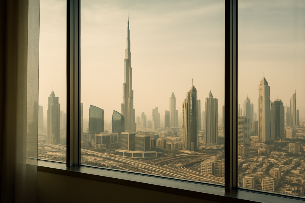 Dubai Cityscape seen through window Panoramic view of Dubai’s skyline through office windows, symbolizing global business structuring, tax efficiency, and offshore corporate presence.
