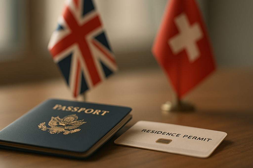 How to become a tax non-resident or Best countries to live tax-free U.S. passport and residence permit card on a desk with UK and Swiss flags in the background, representing cross-border mobility and European residency options