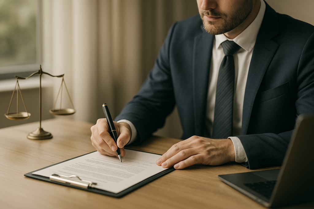 Man in suit sitting at desk signing papers Financial professional signing legal documents at a desk with justice scales, symbolizing secure banking structures and legal asset protection