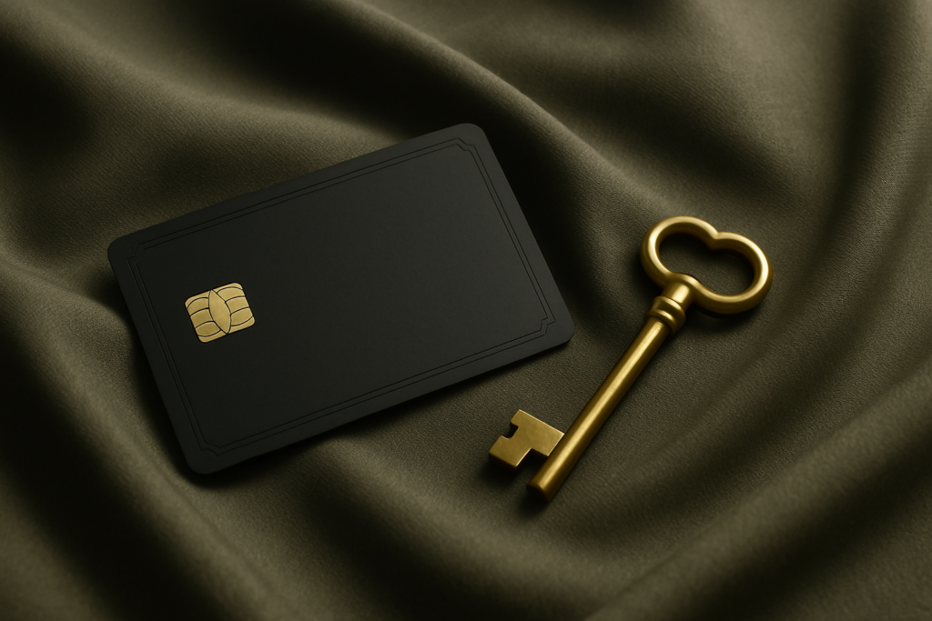 Black metal credit card and gold key on dark fabric, symbolizing exclusive access, financial privacy, and elite banking.