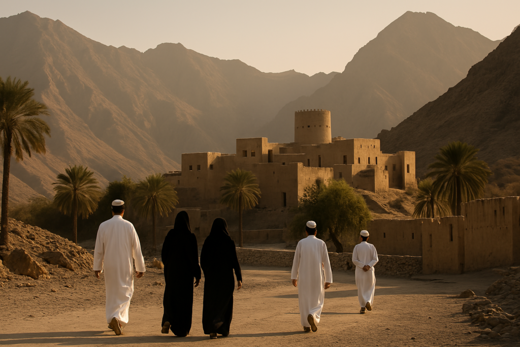 Oman desert scene with fort and people in traditional garments Traditional Omani figures walking toward a desert fortress at sunset, symbolizing Oman’s blend of cultural heritage and modern appeal as a zero income tax jurisdiction.