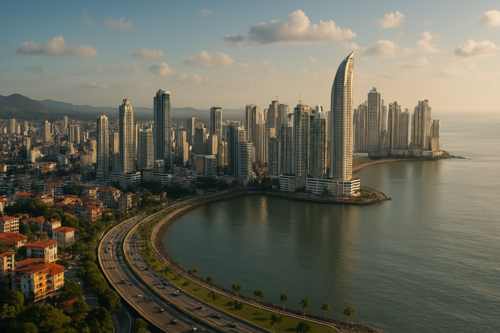 Panama cityscape Aerial view of Panama City’s modern skyline at sunset, featuring curved coastal highways and high-rise financial towers—symbolizing tax-friendly jurisdictions and business-friendly infrastructure for global entrepreneurs.