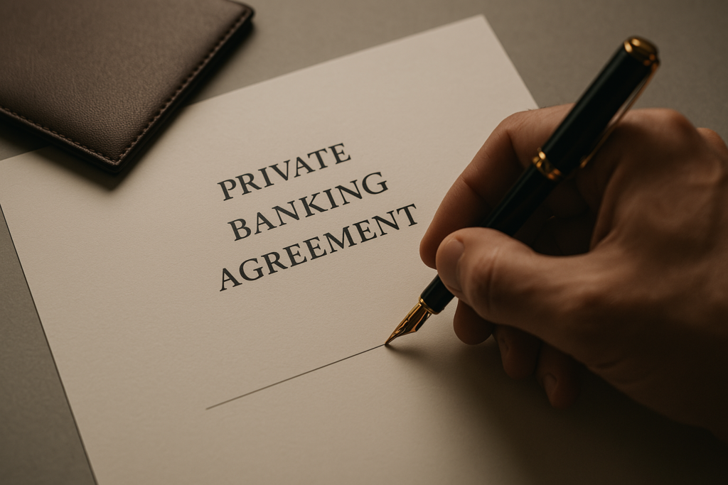 Private banking agreement being signed Hand signing a private banking agreement with a fountain pen, symbolizing exclusive access to offshore banking services and financial privacy