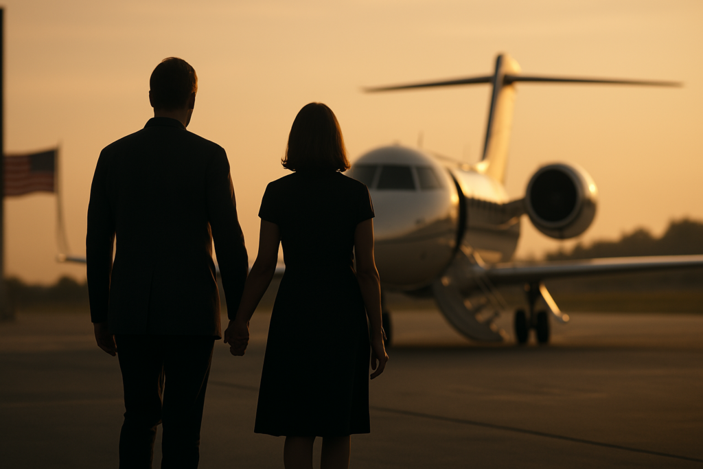 Silhouette of couple in front of private jet Silhouetted couple holding hands while approaching a private jet at sunset, symbolizing high-net-worth global mobility and offshore lifestyle.