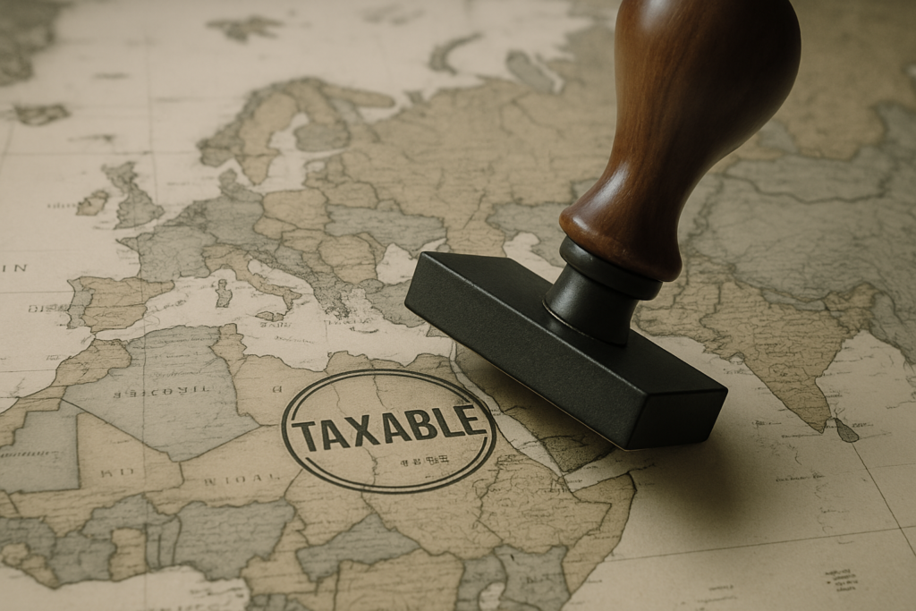 Territorial tax systems Rubber stamp marked “TAXABLE” on a vintage map of Europe and the Middle East, illustrating how territorial tax systems define where income is taxed based on source.