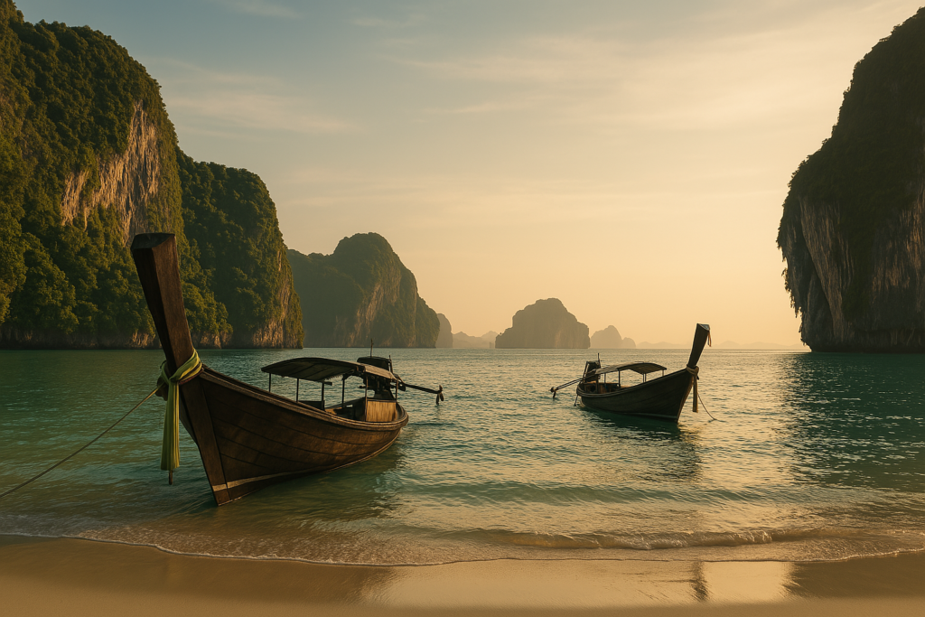 Traditional long-tail boats floating in a tropical bay at sunset, symbolizing the freedom and lifestyle benefits of strategic tax residency and country pairing for zero-tax living.