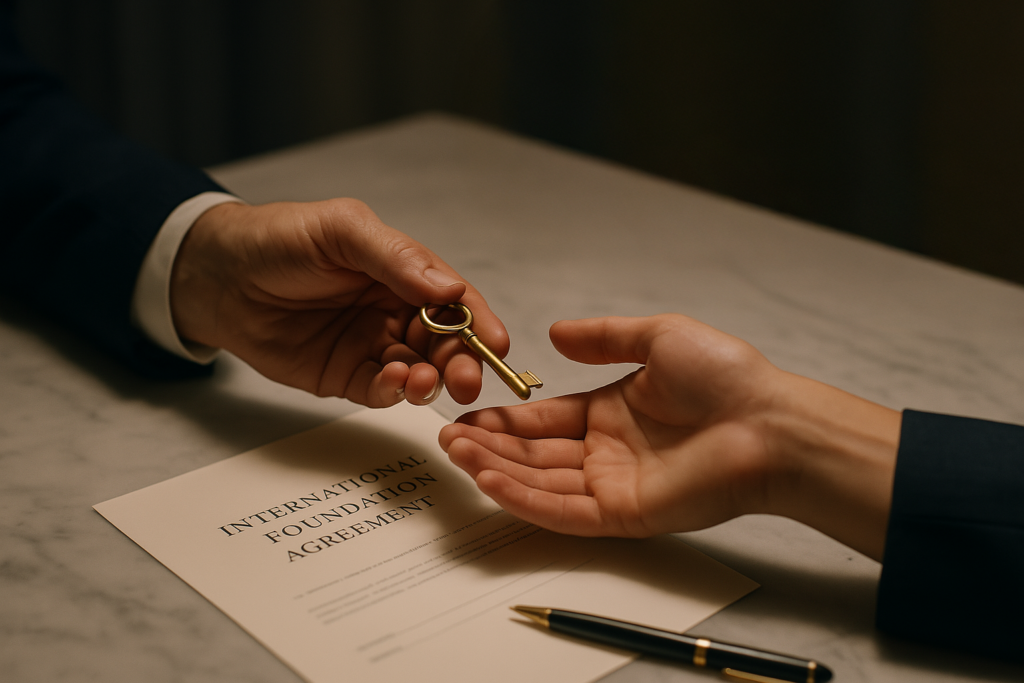 Two hands exchanging golden key over foundation document on marble table Close-up of one person handing a golden key to another over an international foundation agreement, symbolizing asset protection and generational wealth transfer through trusts and foundations