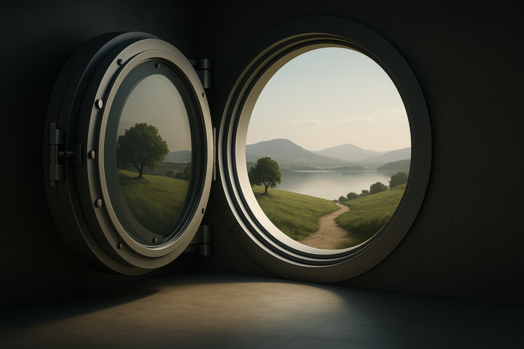 Vault opening to serene landscape Vault door opened to reveal a serene landscape of rolling hills and a winding path—symbolizing the evolving nature of tax havens, where secrecy gives way to strategic transparency and global opportunity.