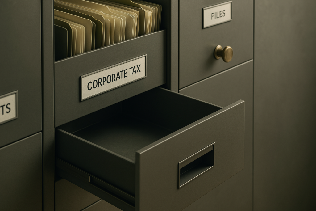 Zero corporate tax Empty corporate tax file drawer beside organized tax folders, symbolizing jurisdictions with zero corporate tax requirements.