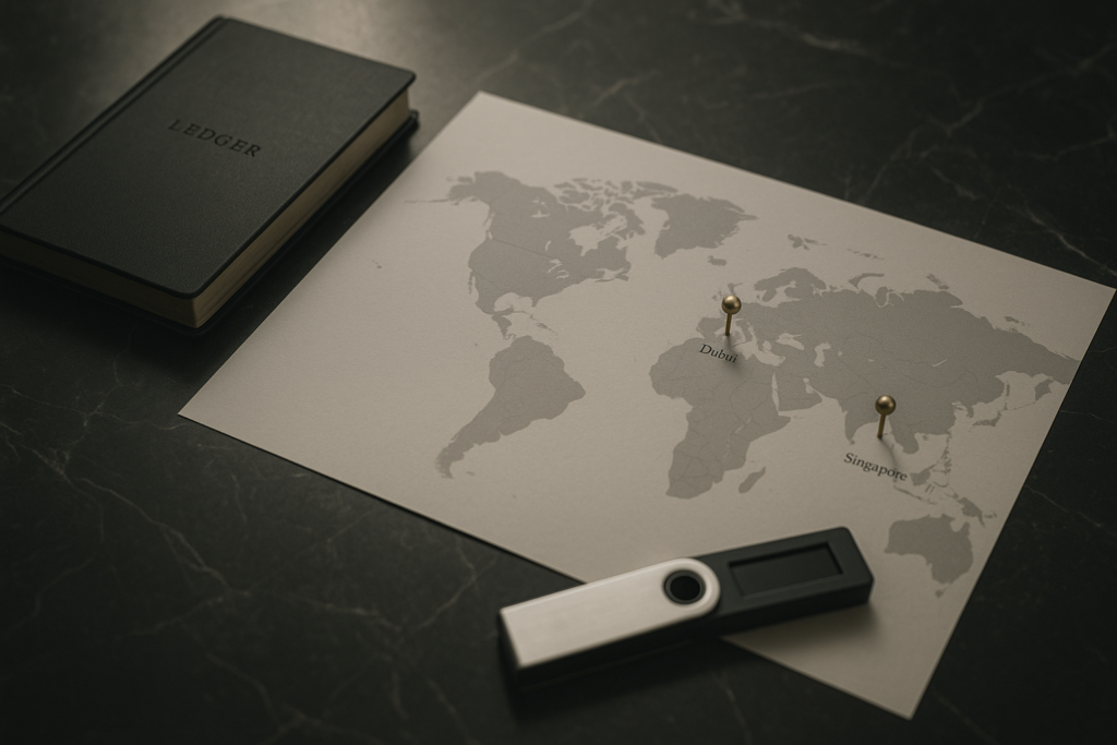 international-crypto-structure-dubai-singapore-bvi-map-ledger-wallet Editorial image showing a world map with gold pins on Dubai, Singapore, and the British Virgin Islands, alongside a black ledger book and a crypto wallet on a marble surface. Represents a 3-jurisdiction tax strategy for HNWIs in 2025.