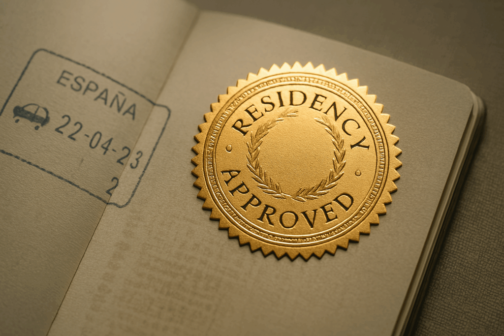 Best Golden Visas Close-up of a passport with a Spanish entry stamp and a gold "Residency Approved" seal placed on the page.