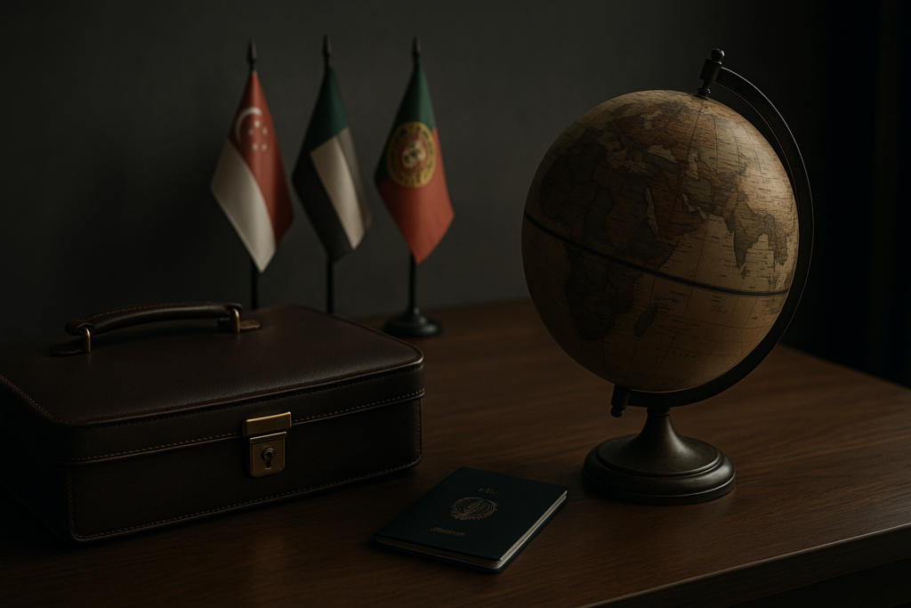 Flags on table with globe and briefcase symbolizing modern flag theory Elegant desk with globe, international passport, leather briefcase, and miniature flags of Singapore and Portugal—symbolizing strategic jurisdiction selection in modern Flag Theory.