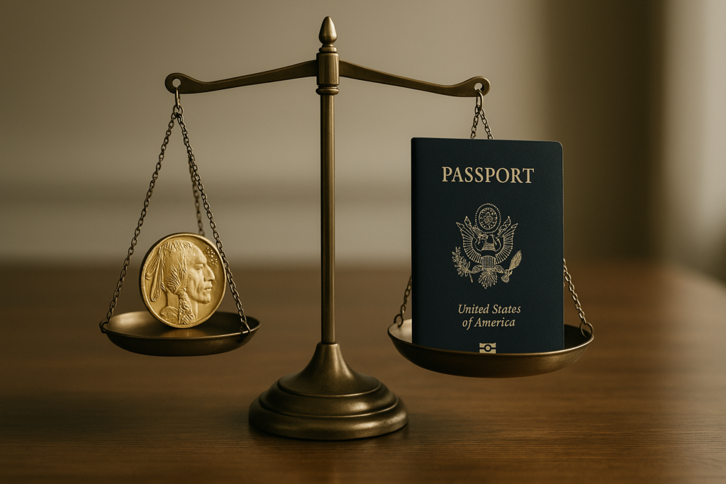US Passport and Travel Documents – Symbol of Tax Non-Residency Transition in 2025 American passport resting on international travel documents beside a boarding pass, symbolizing tax non-residency and global relocation planning for US citizens in 2025.