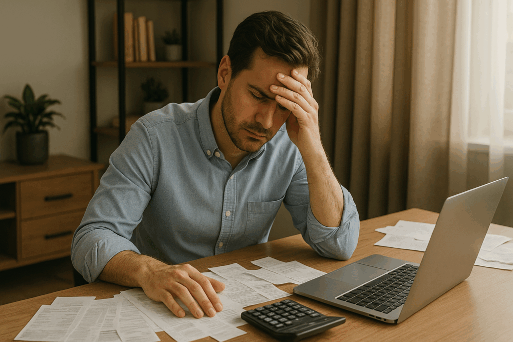stressed-man-tax-paperwork-calculator-desk A stressed man sits at a wooden desk covered in tax paperwork, holding his head in frustration while using a laptop and calculator.