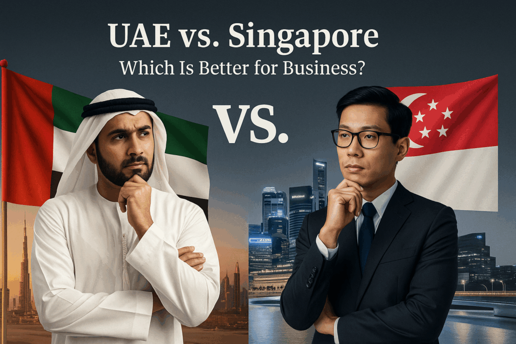 uae-vs-singapore-business-comparison Side-by-side image of a businessman in traditional Emirati attire and a Singaporean executive in a suit, with Dubai and Singapore skylines in the background, illustrating a business comparison between the UAE and Singapore.