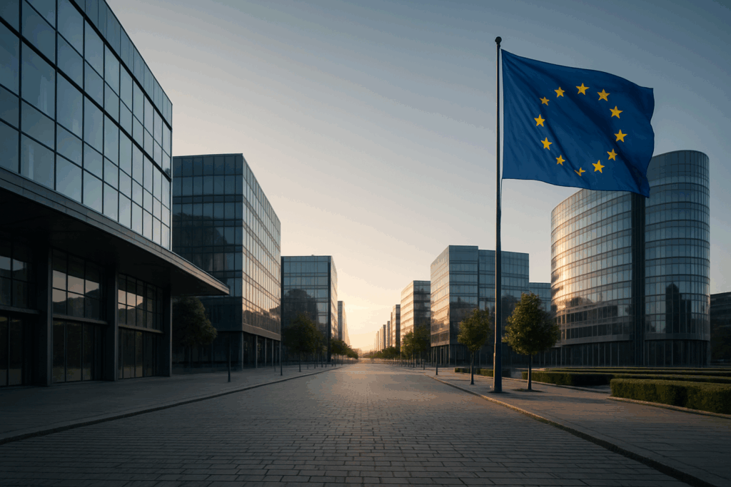 european-business-districts-best-countries-hero Modern European business district with glass office buildings and EU flag representing the best countries for business opportunities in Europe