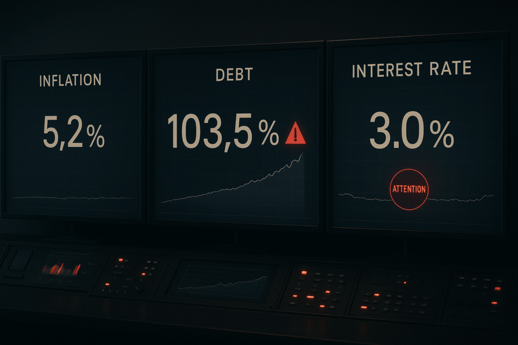A dimly lit financial control room with three monitors displaying inflation, debt, and interest rate data, including red warning indicators — symbolizing government fiscal manipulation.