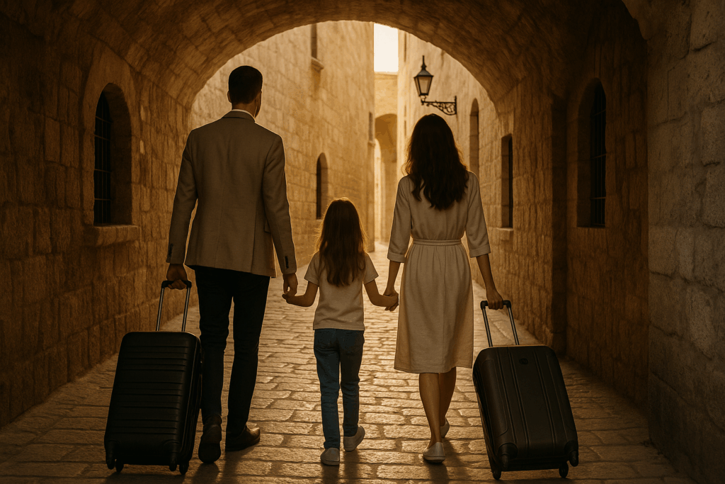 A family of three walking through a sunlit stone alley with luggage, symbolizing relocation and second residency lifestyle