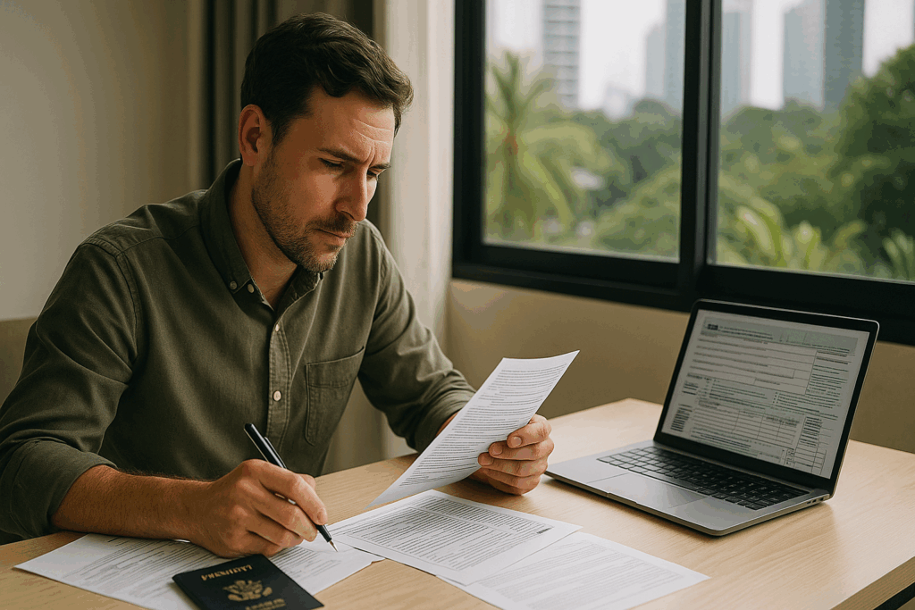 U.S. expatriate reviewing tax forms at a desk in an international setting