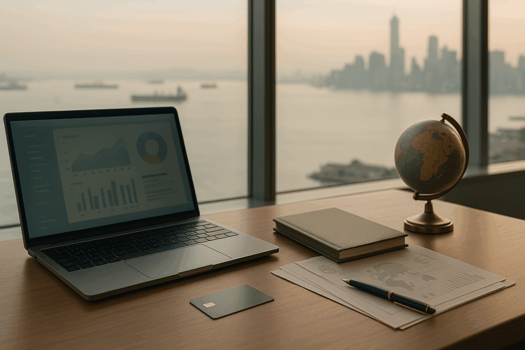 Workspace with laptop, debit card, and globe overlooking an international harbor, symbolising modern, transparent offshore banking.